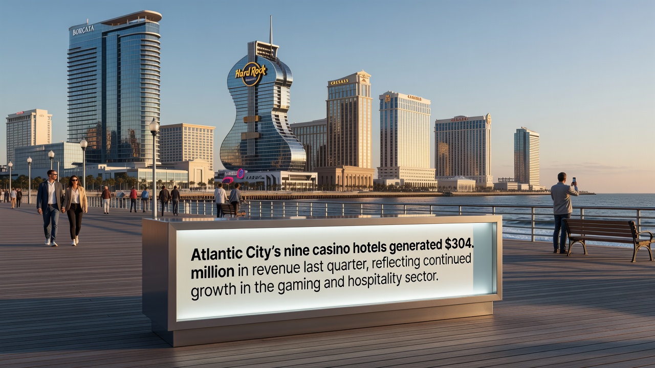 Atlantic City skyline at dusk with casino hotel lights reflecting on the water